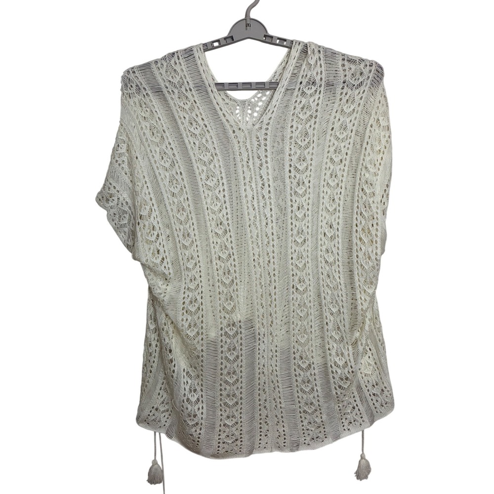 Crochet Knit Poncho Women OS Ivory Boho Tassel High-Low Beach Coverup‎